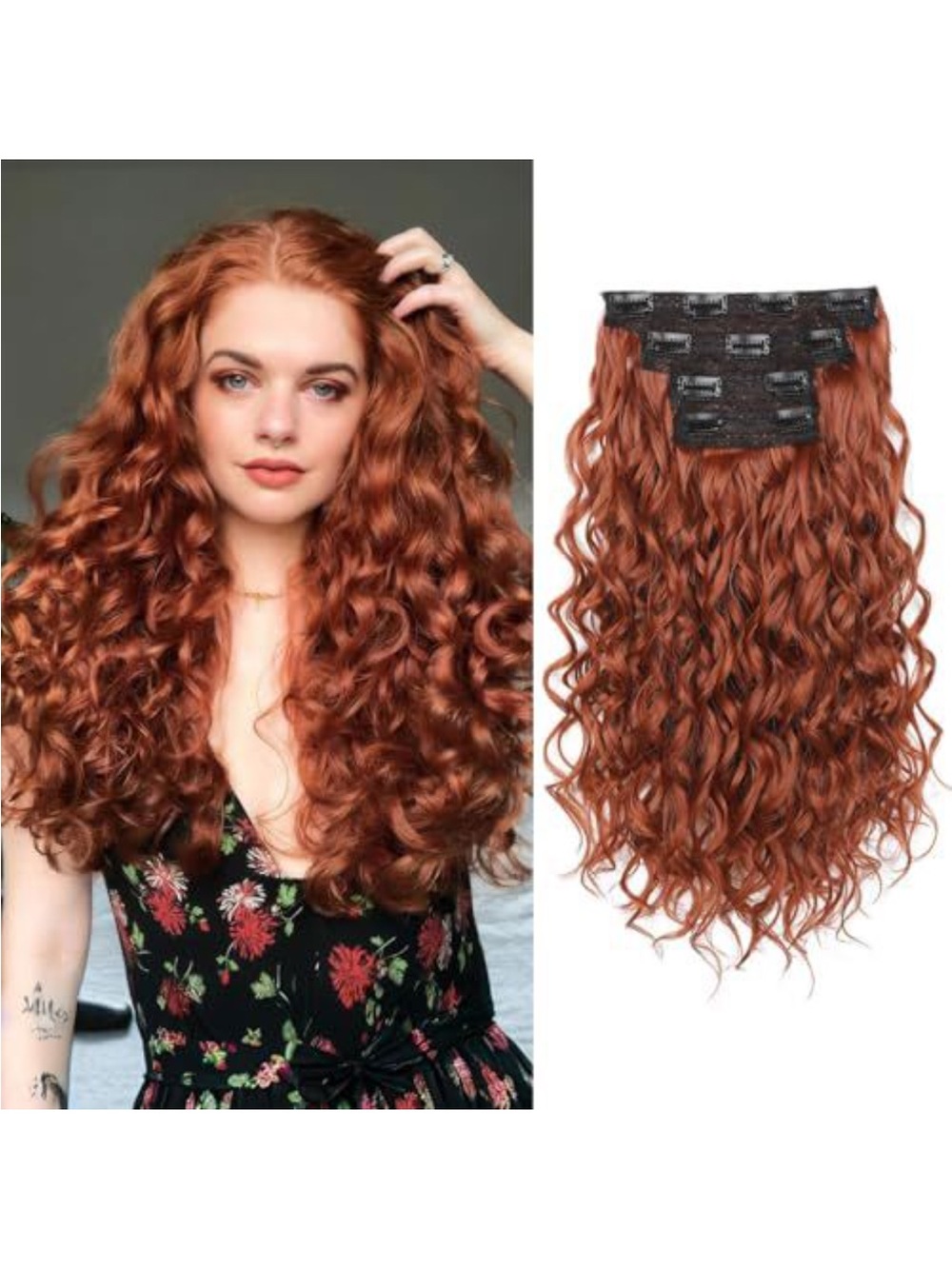 Voluminous Copper Red Curly Clip-In Hair Extensions - Natural Waves